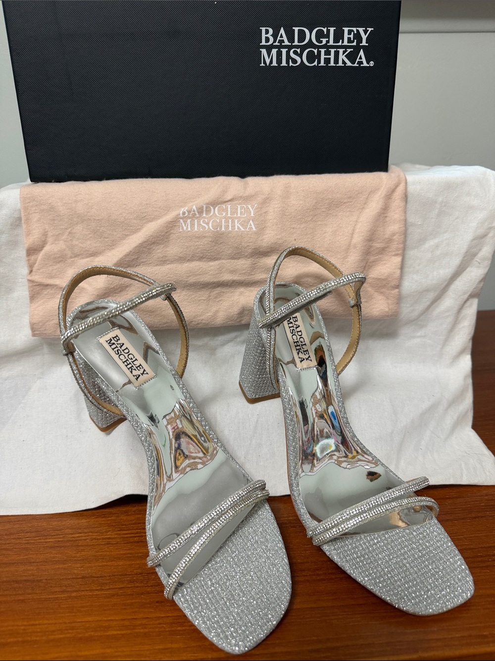 Badgley Mischka Sparkling Silver Strappy Block Heel Sandals